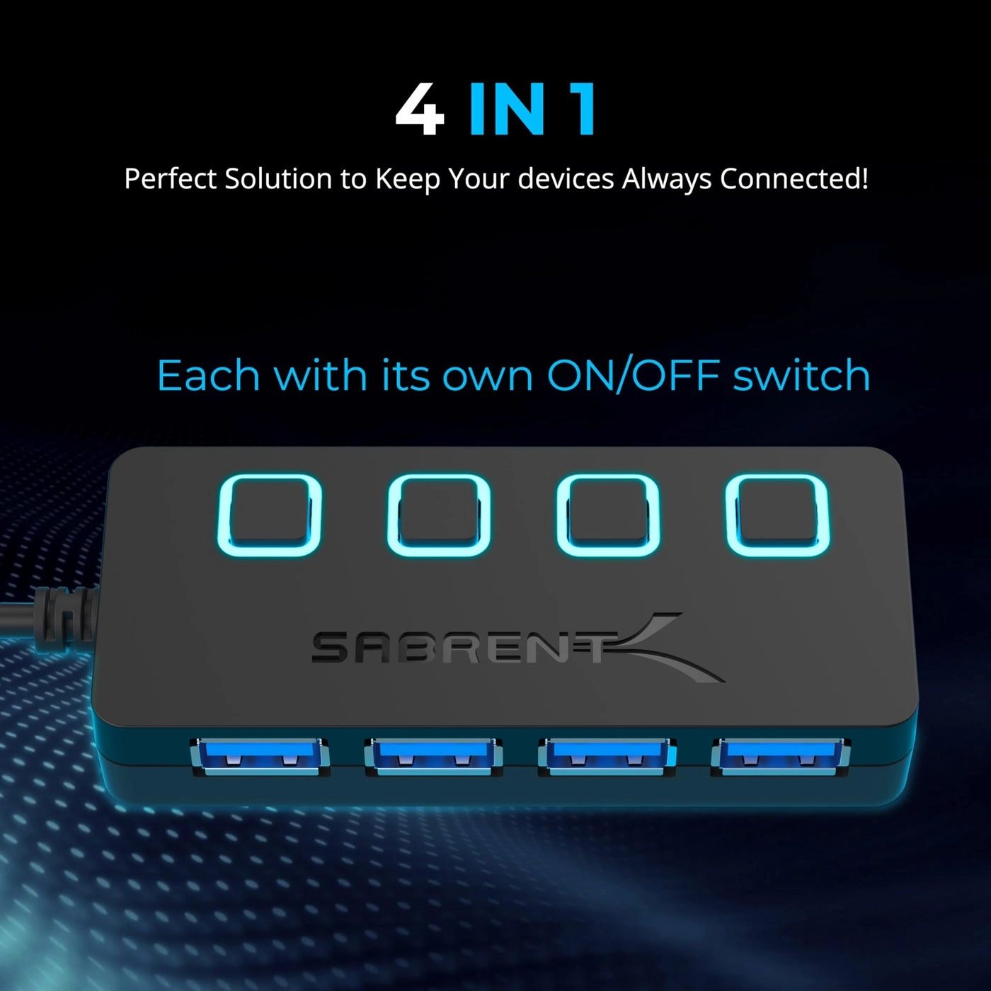 4 Port USB 3.0 Hub - Individual Power Switches 5V/2.5A Power Adapter