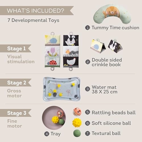Tummy Time Pillow + Water Mat + Interactive Tray - 3 sensory balls + Crinkle Baby Book - Double-sided