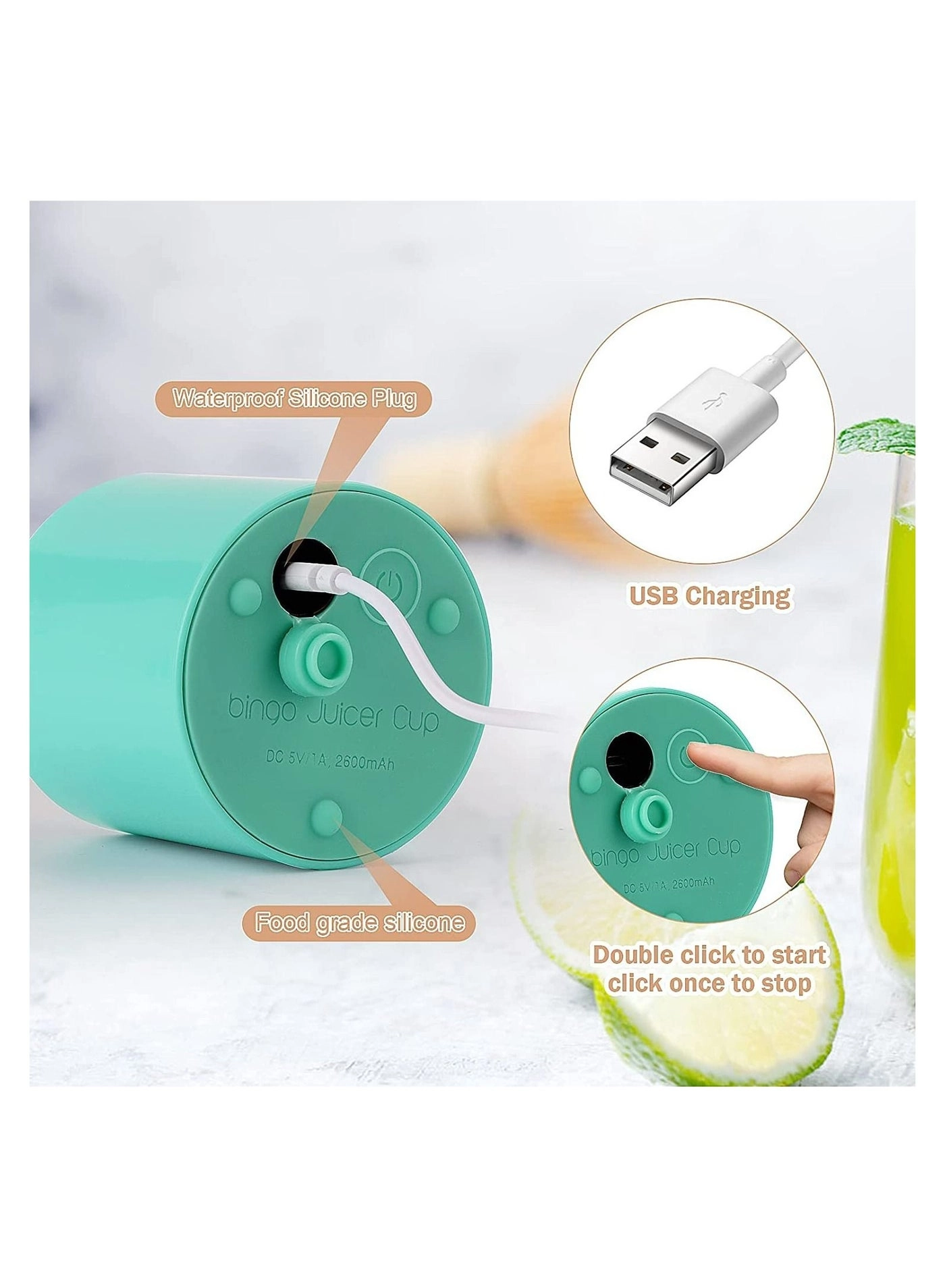 Portable Blender With Handle - Handle cup cover SUS304 stainless steel 4-blade Rechargeable USB