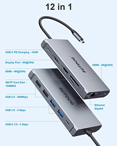 USB C Hub - 12 in 1 2 HDMI DP 100W PD