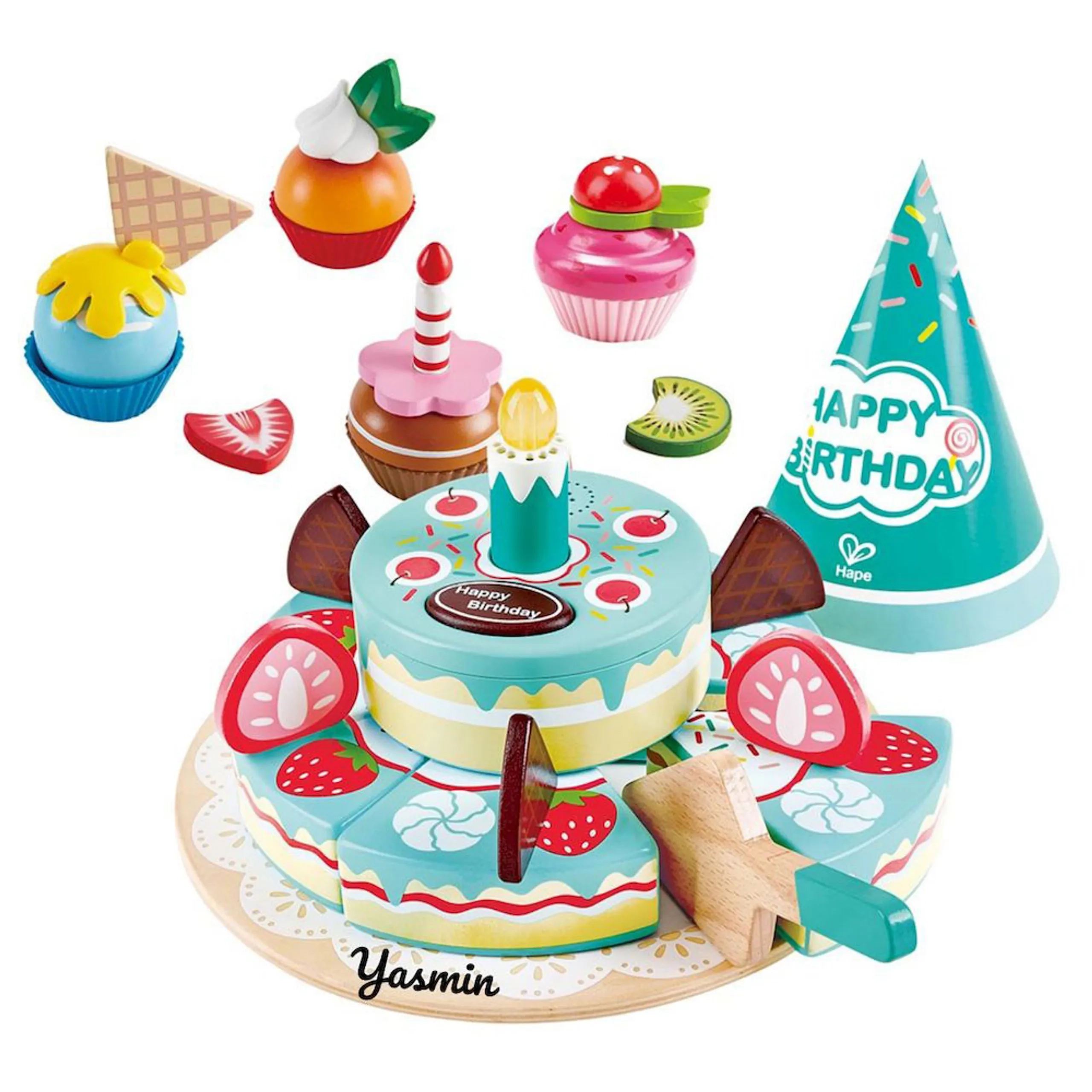 Hape Interactive Happy Birthday Cake - musical + Cupcake play set - Wooden (PRS-BDM-BNDLE0093)