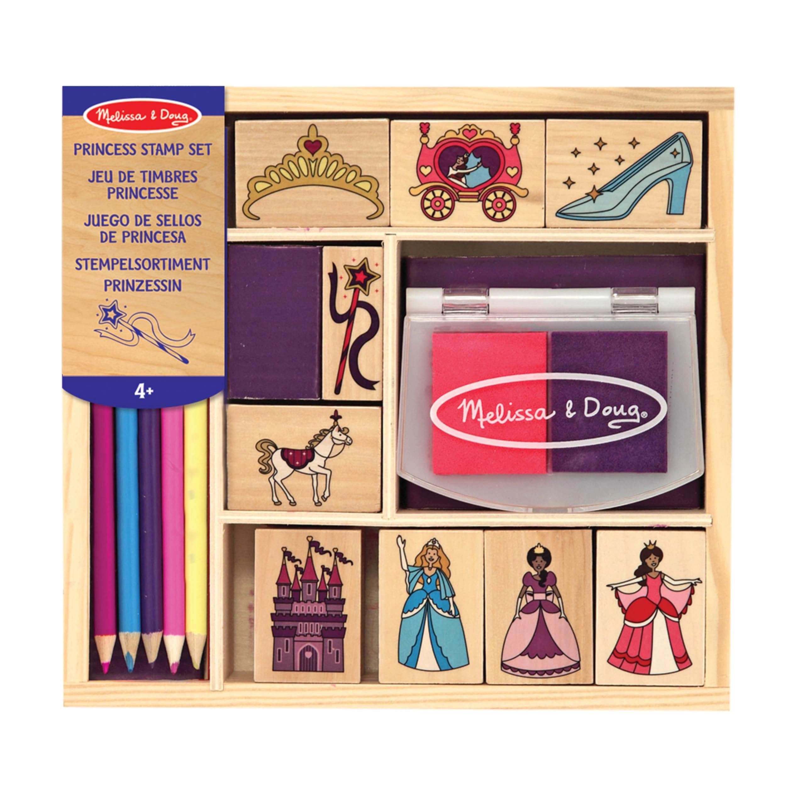 Friendship Stamp Set - 15 piece(s) 9 colourful themed kids stamps, 2 ink pads for stamping 5 coloured pencils, sturdy wooden tray