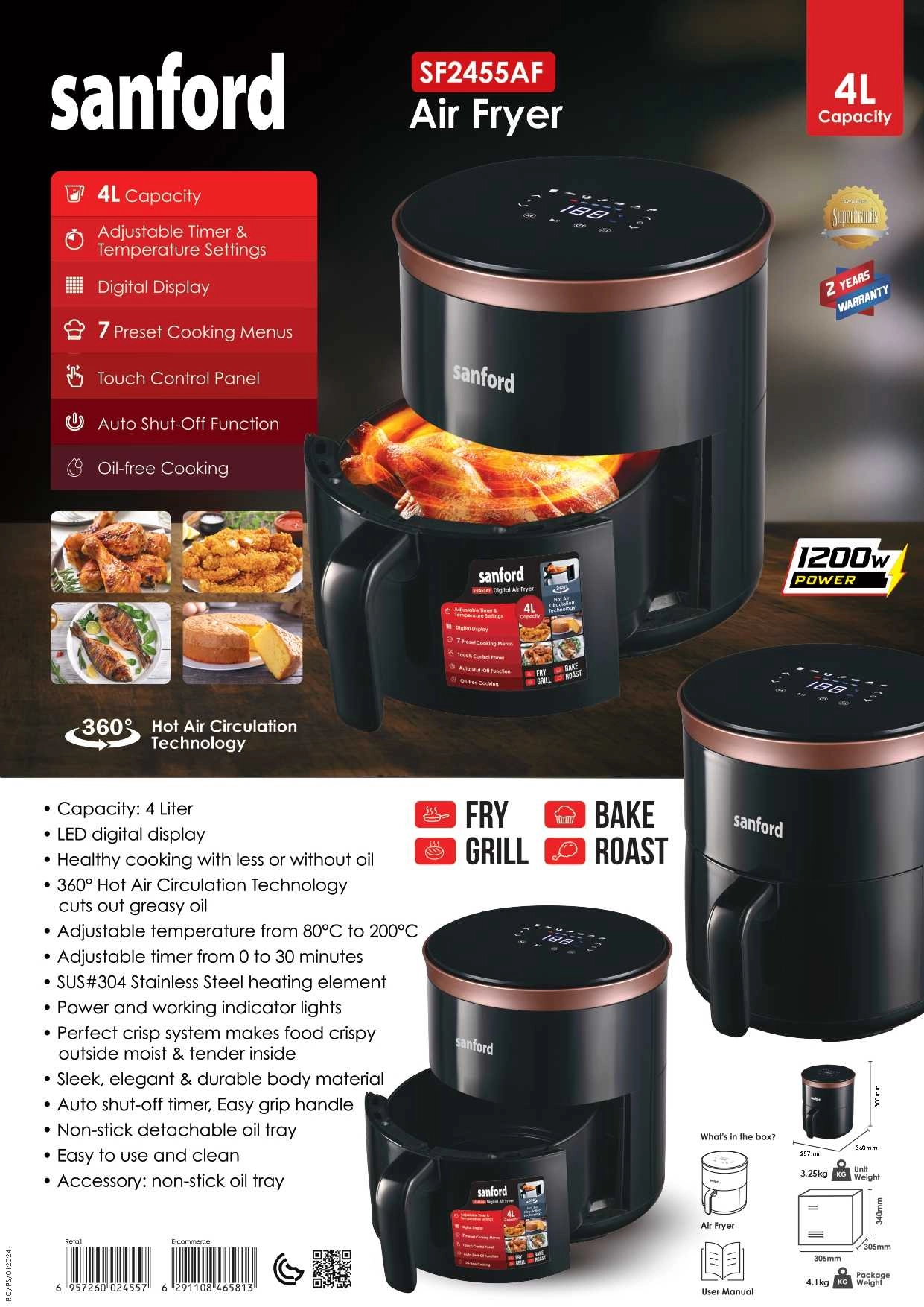 Digital Air Fryer SF2455AF BS - Adjustable Temperature Auto Shut Off Timer