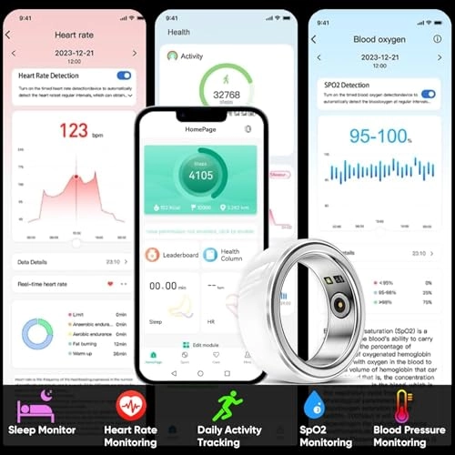 Smart Ring Health Tracker - IPX8 Waterproof Heart Rate Blood Oxygen 7 Days Battery Life