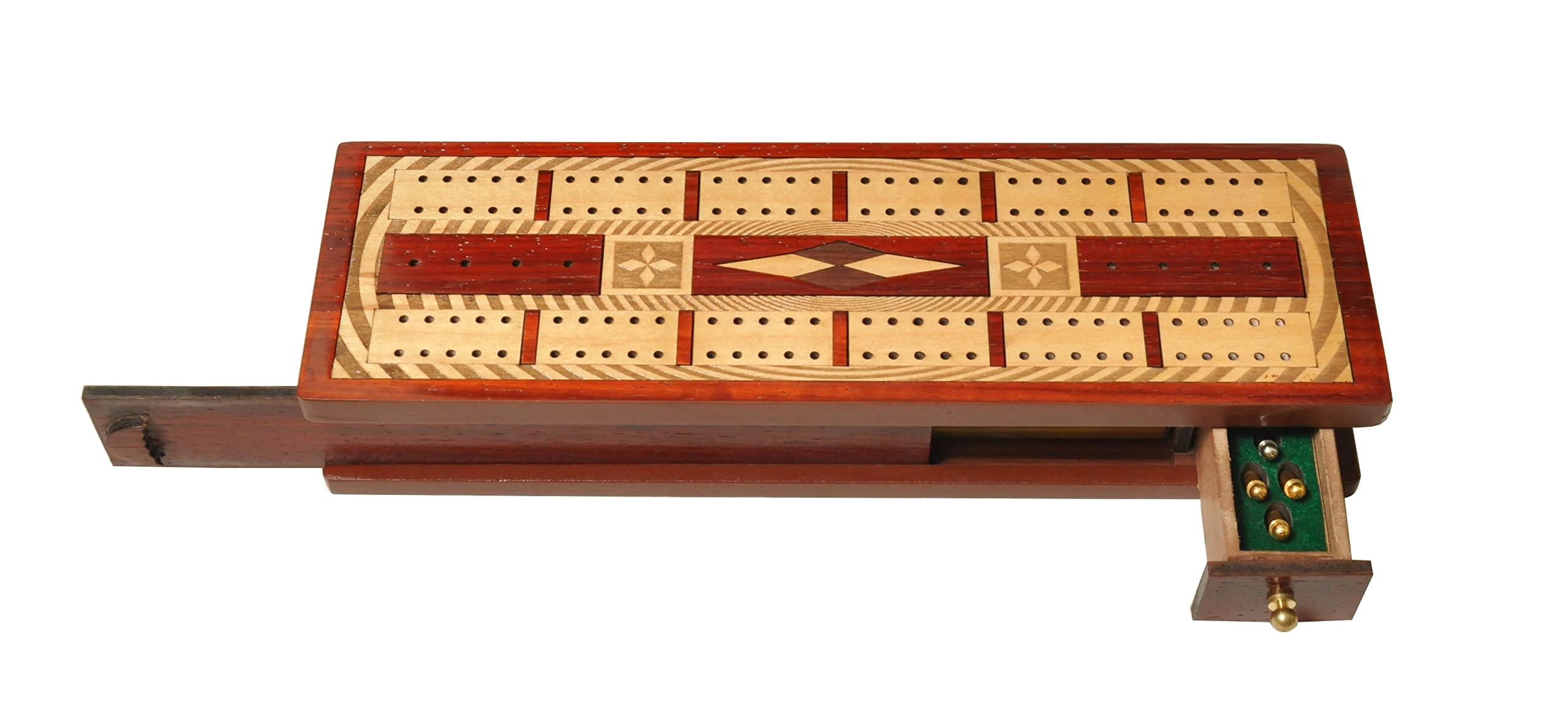 PALM ROYAL HANDICRAFTS 2 Track Wooden Cribbage Board - Bloodwood Maple Wood Integrated Storage