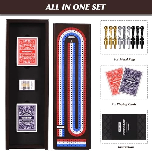 Cribbage Board - Magnetic 3-Track Scoreboard 9 Metal Pegs