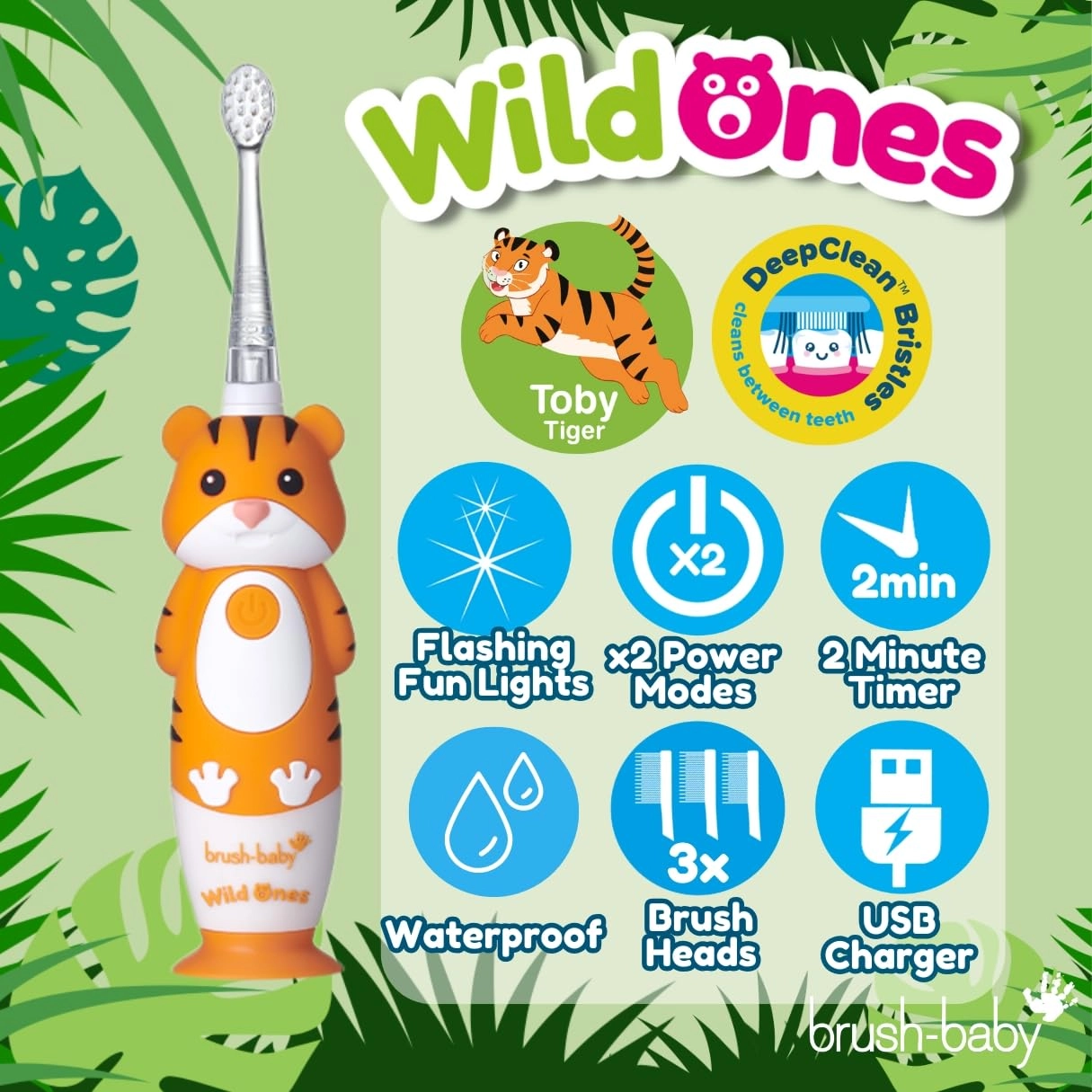 Kids Rechargeable Electric Toothbrush - Fun Tiger Design Dual Mode LED Light