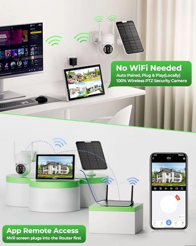 PTZ Outdoor Solar Security Camera + NVR Monitor - 4 Pack 10CH 4MP