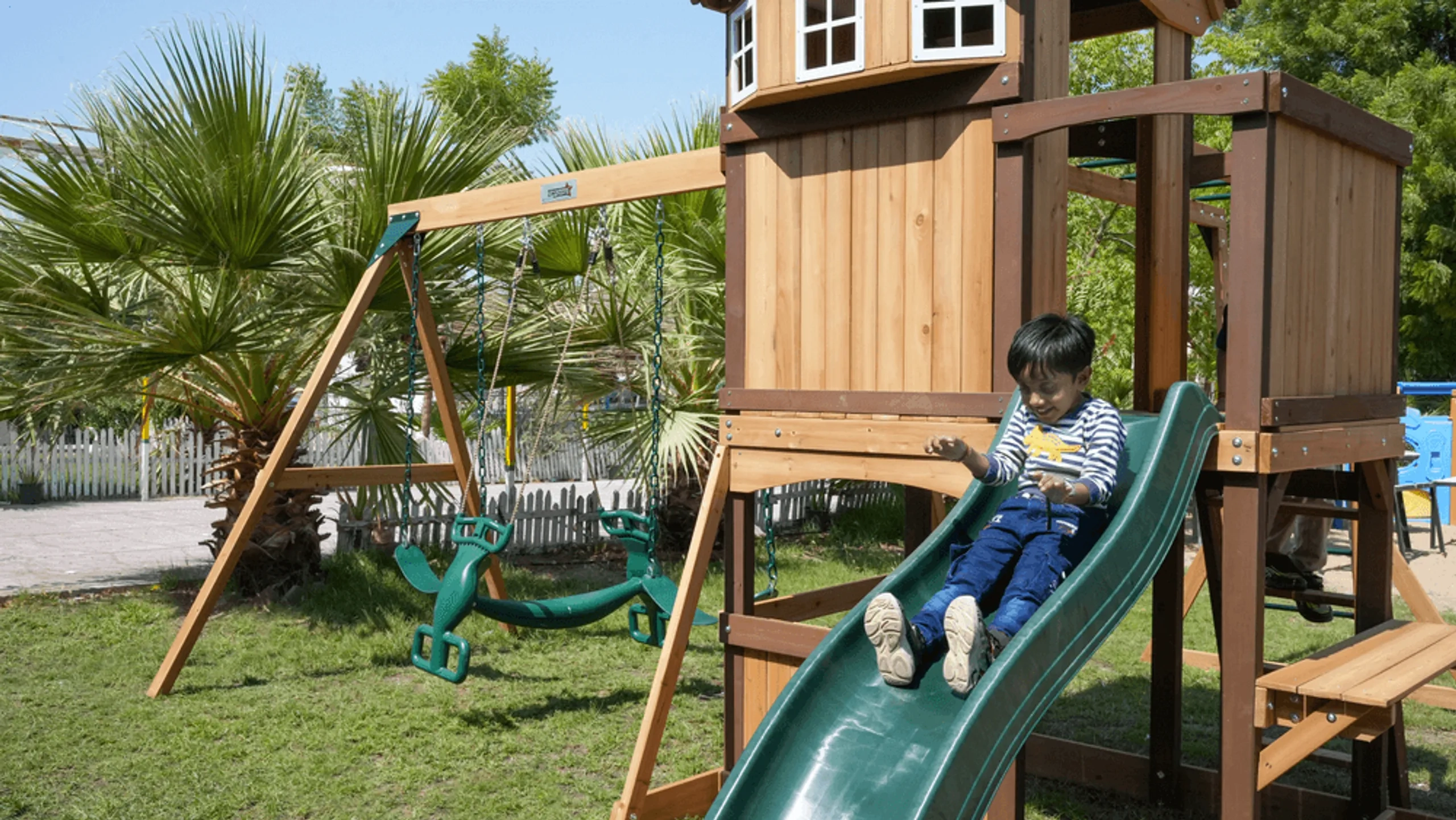 Arabian Tahr Wooden Swing Set - 10' Wave Slide 3-position Swing Beam