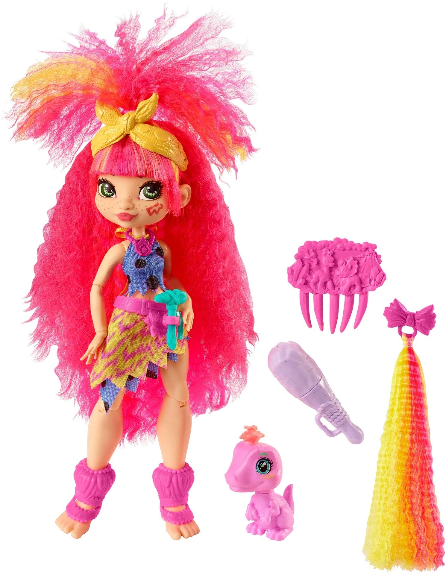 Mattel Emberly Poseable Prehistoric Fashion Doll - Pink Hair Polka-dotted Dress Ages 4+