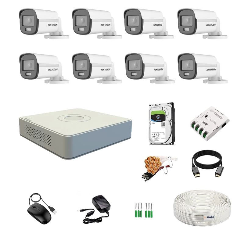 Prama Hikvision India Pvt.Ltd 8 Channel DVR + 5MP ColorVu 8 Bullet Cameras + 2TB HDD + Cable Roll + 8 CH Power Supply + BNC & DC Full Combo Kit