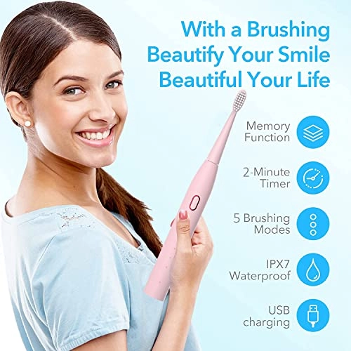 Sonic Tooth Brush - 5 Brushing Modes 4 Replaceable Brush Heads Pink