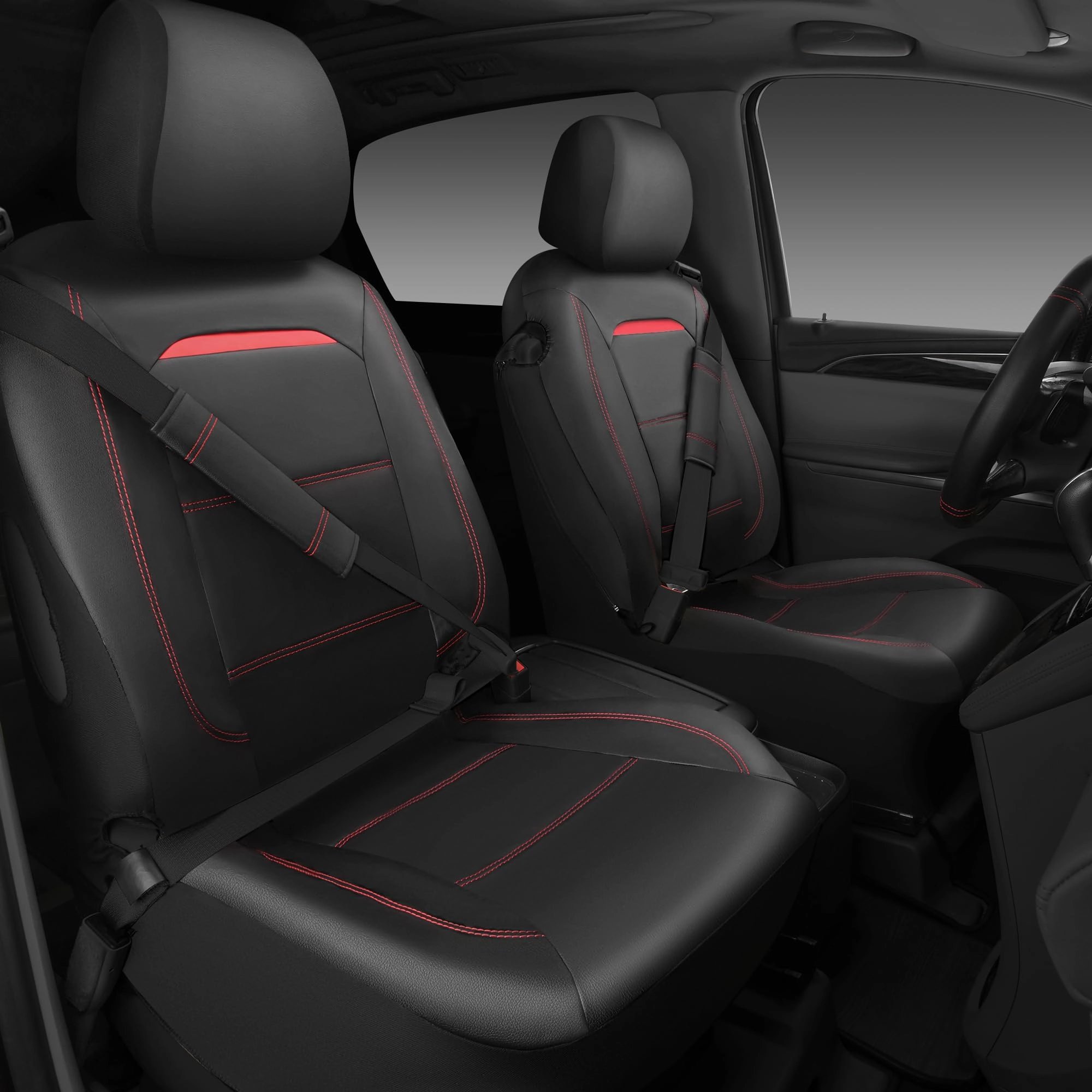 Car Seat Covers - Air Mesh Leather + Car Floor Mats - Waterproof + Steering Wheel Cover - Sporty