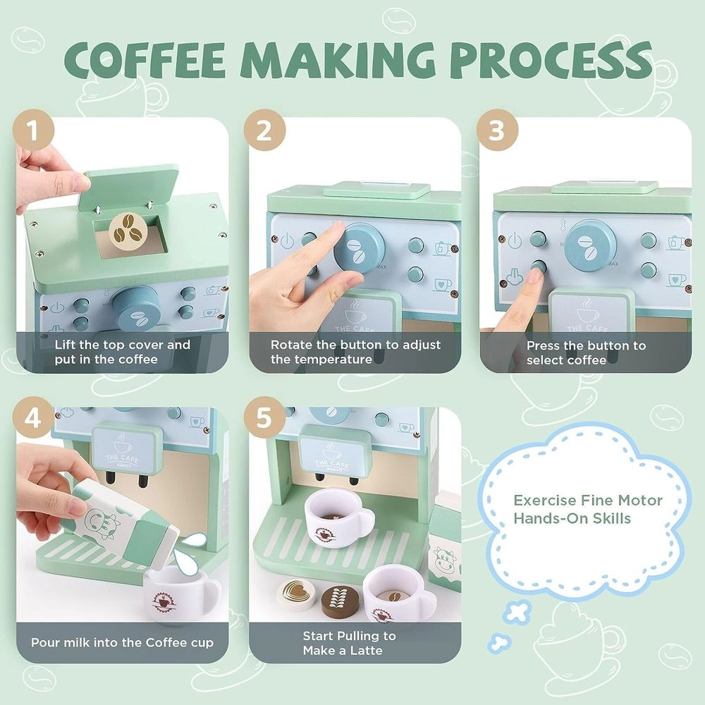 Kids Wooden Coffee Maker Pretend Playset - 8pcs (5551007-KABI-0155)