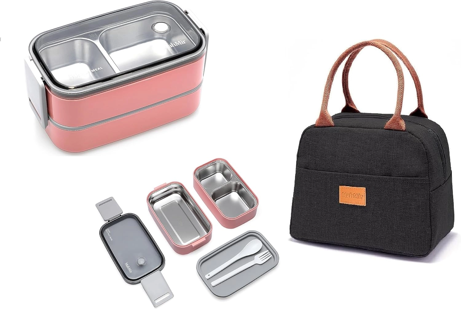 MahMir Stainless Steel Lunch Box - Insulated 2 Compartments 304 stainless steel + Lunch Bag - Pink