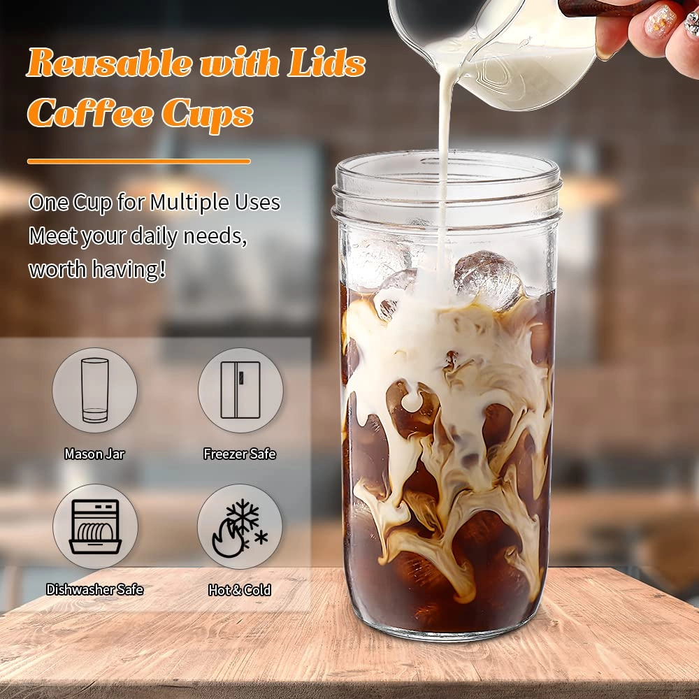 Glass Cup - 4 pcs with Lid and Straw