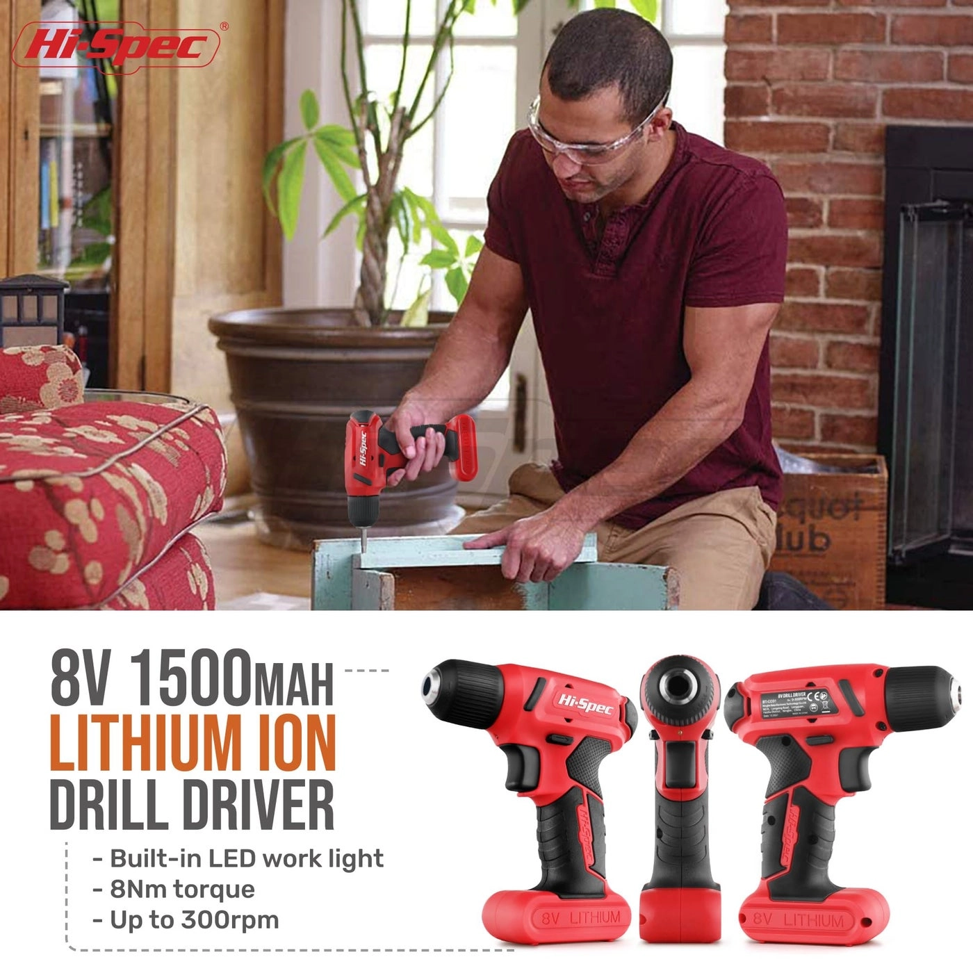 Cordless Drill Driver - 8V + Screw Driver + Drill Bit Set + Pliers + Hammer + Toolbox Case