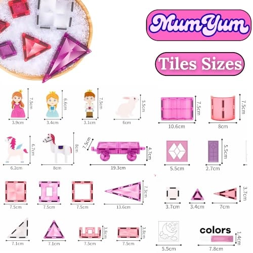 Princess Castle Magnetic Tiles Set - 2 Princes 1 Princess 1 Unicorn 1 Rabbit 50pcs