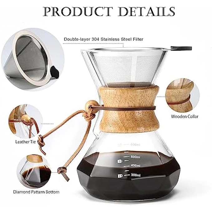 Coffee Dripper - Reusable Stainless Steel Filter 600 Ml Borosilicate Glass