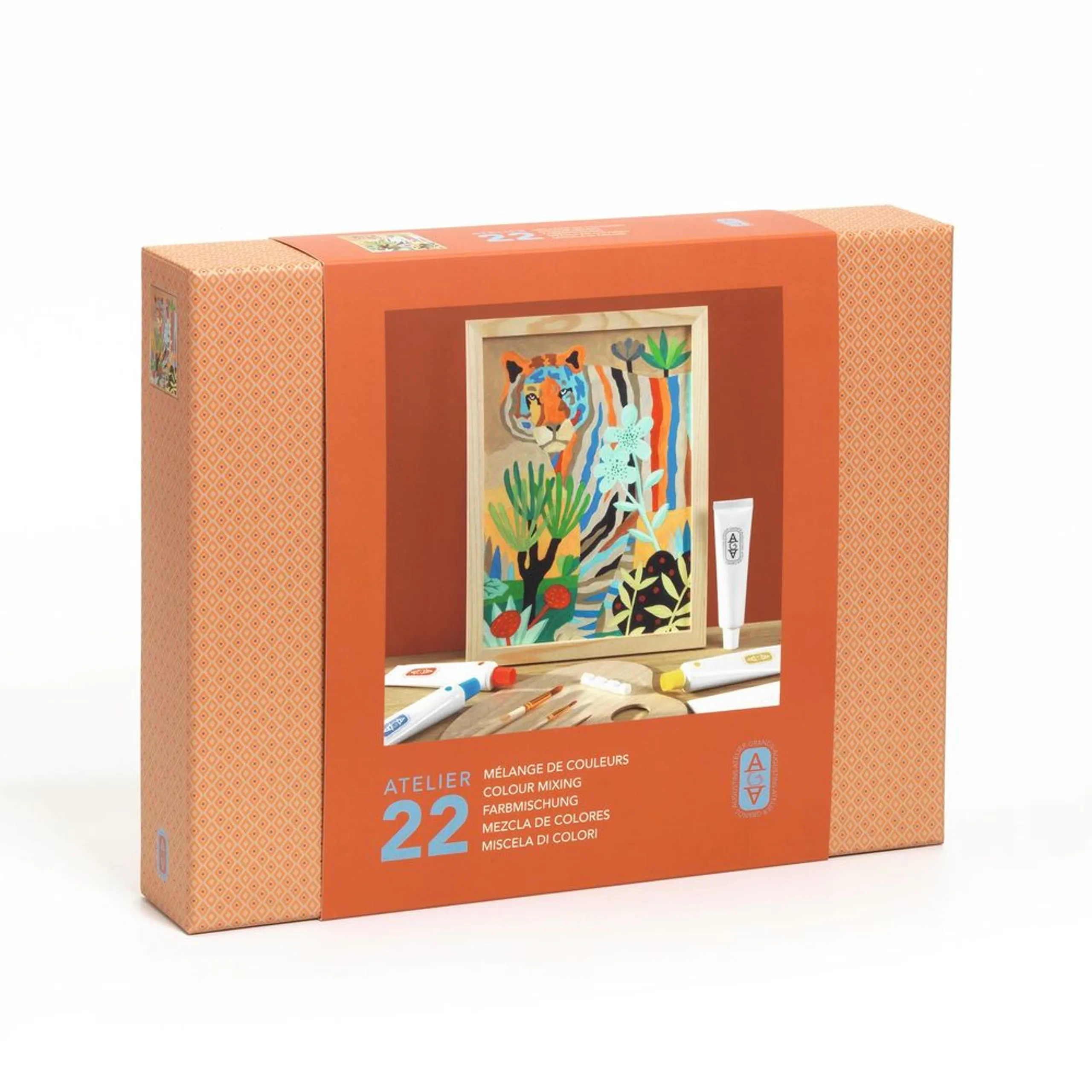 DJECO Atelier 22 - acrylic paints brushes wooden palette printed canvas frame