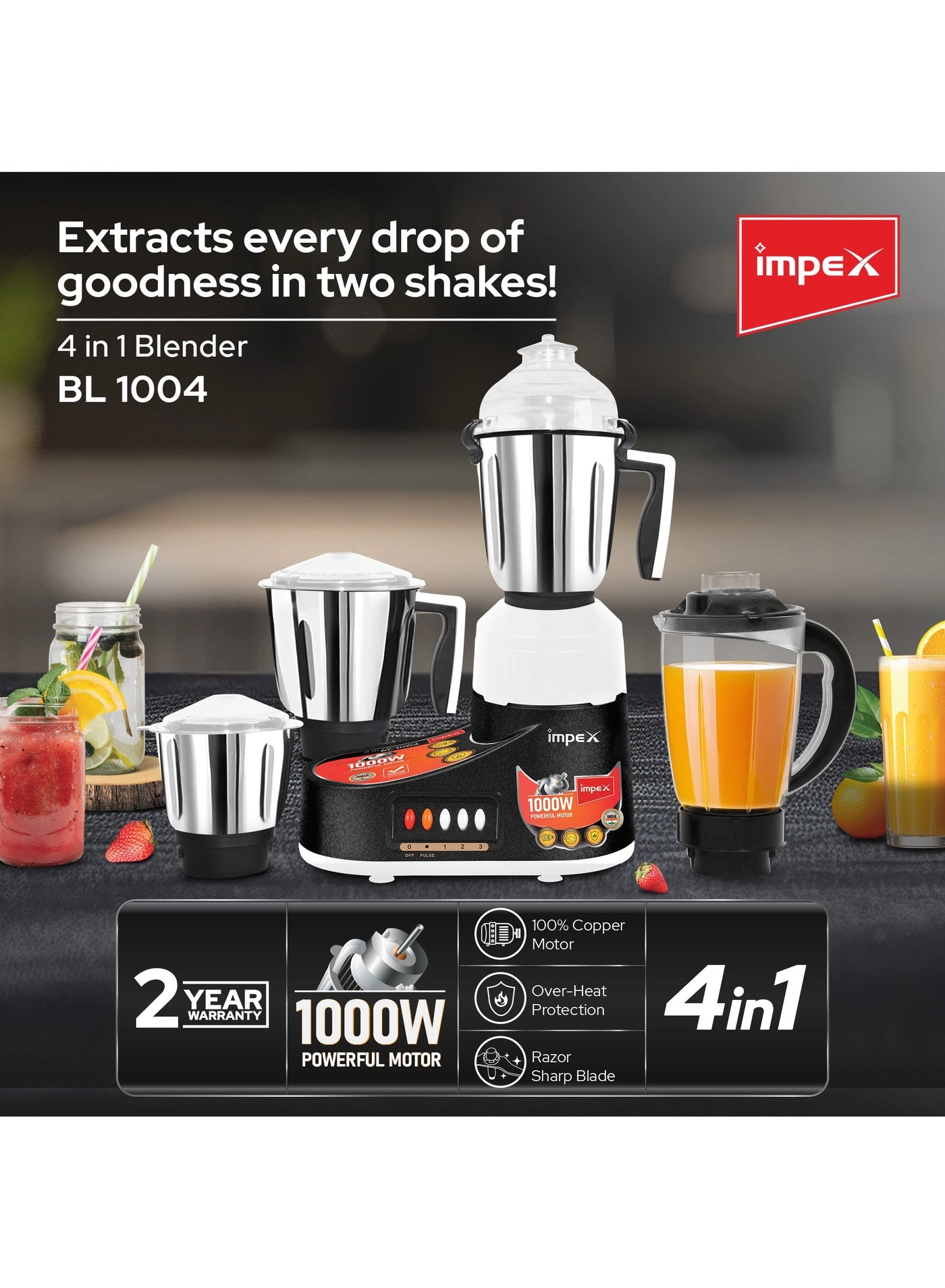 4-in-1 Mixer Grinder - 1.5L 1000W