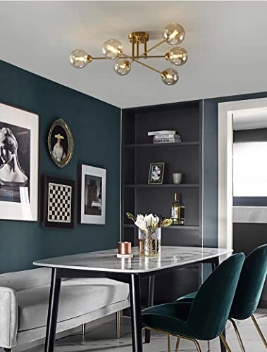 6 Light Gold Amber Glass Chandelier - Warm White