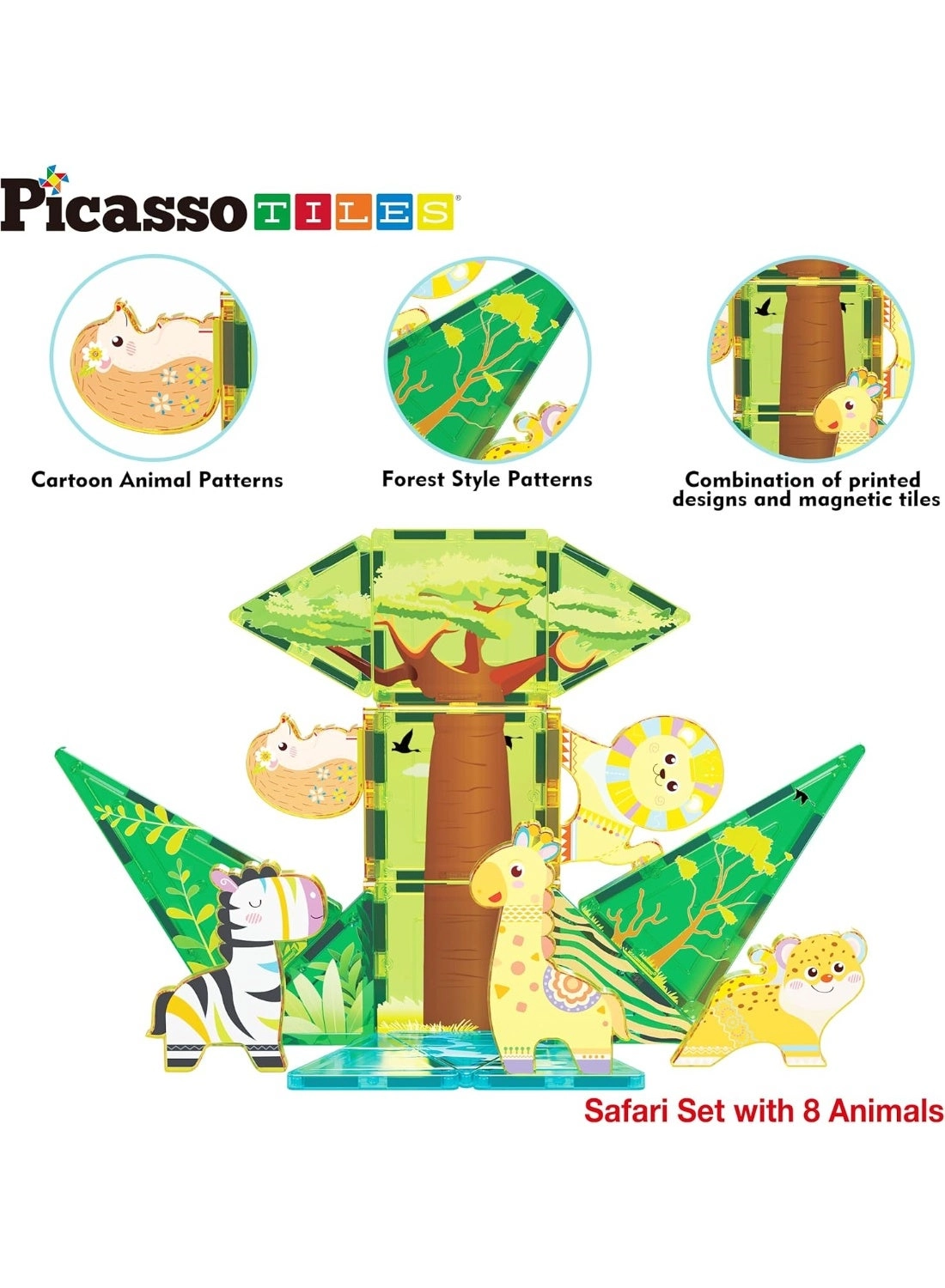 Magnet Tile Building Blocks Safari Themed Playset - 8 Animal Character Action Figures Safari 26 pcs