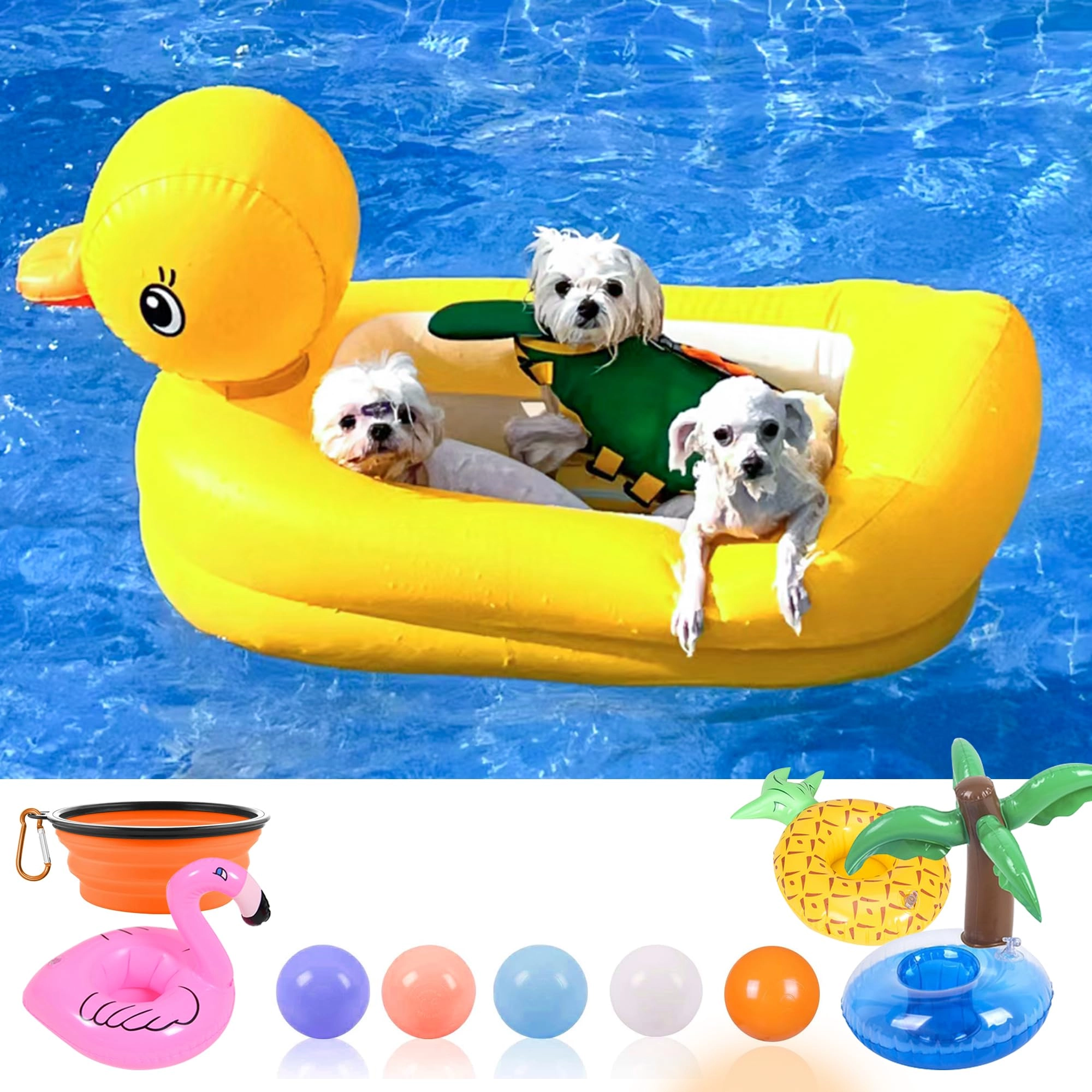 KUCDBUN Yellow Duck Dog Pool Float + Coconut Tree Inflatable Drink Holder + Pineapple Pool Drink Float + Flamingo Inflatable Drink Holder + Collapsible Dog Bowl + Bright Colors Ball Pit