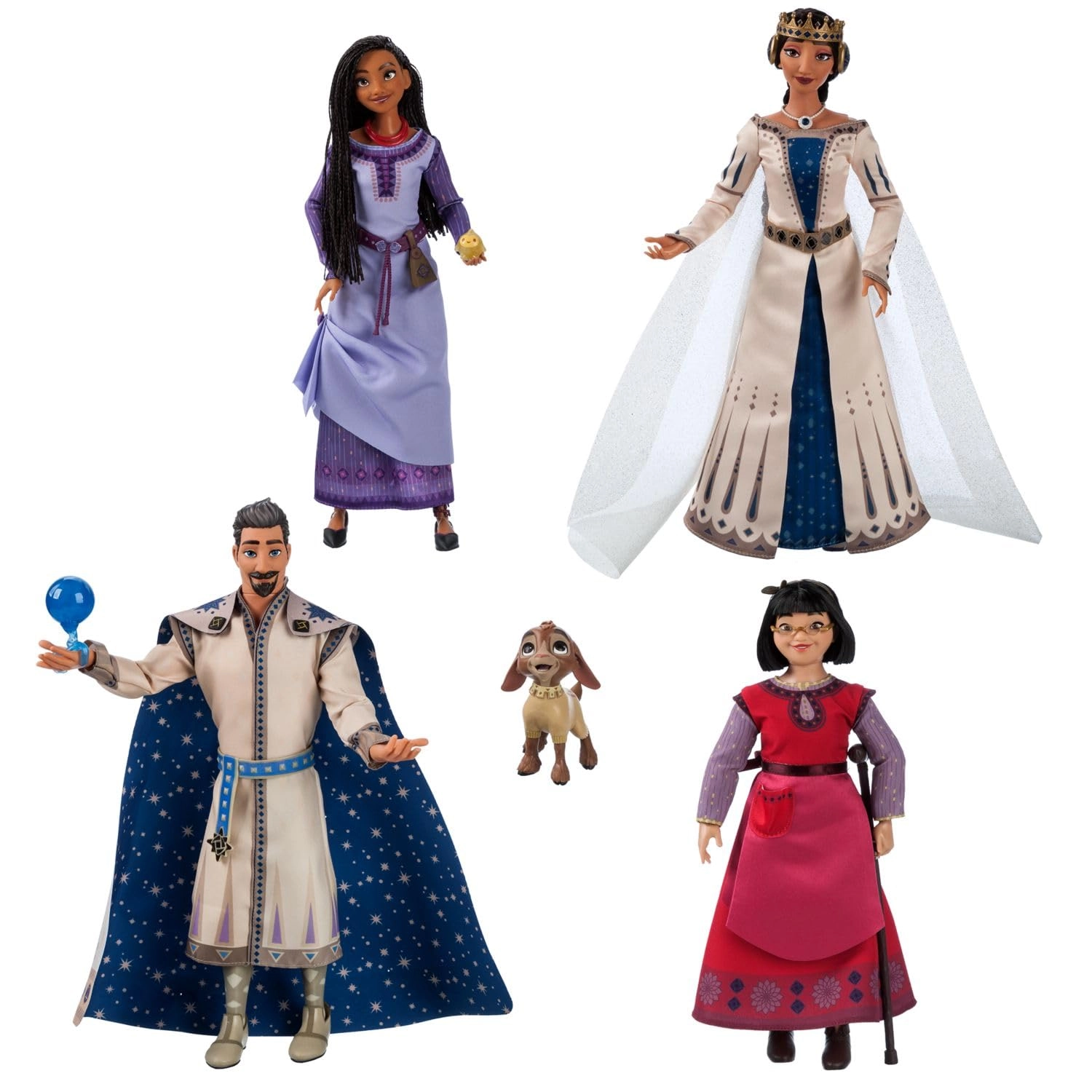 Disney Store Asha Doll - classic-size 11" - 13" + Dahlia Doll + Queen Amaya Doll + King Magnifico Doll