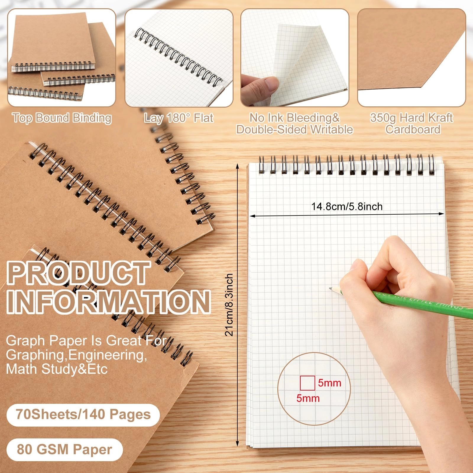 Graph Paper Spiral Notepad A5 Spiral - Grid 70 Sheets