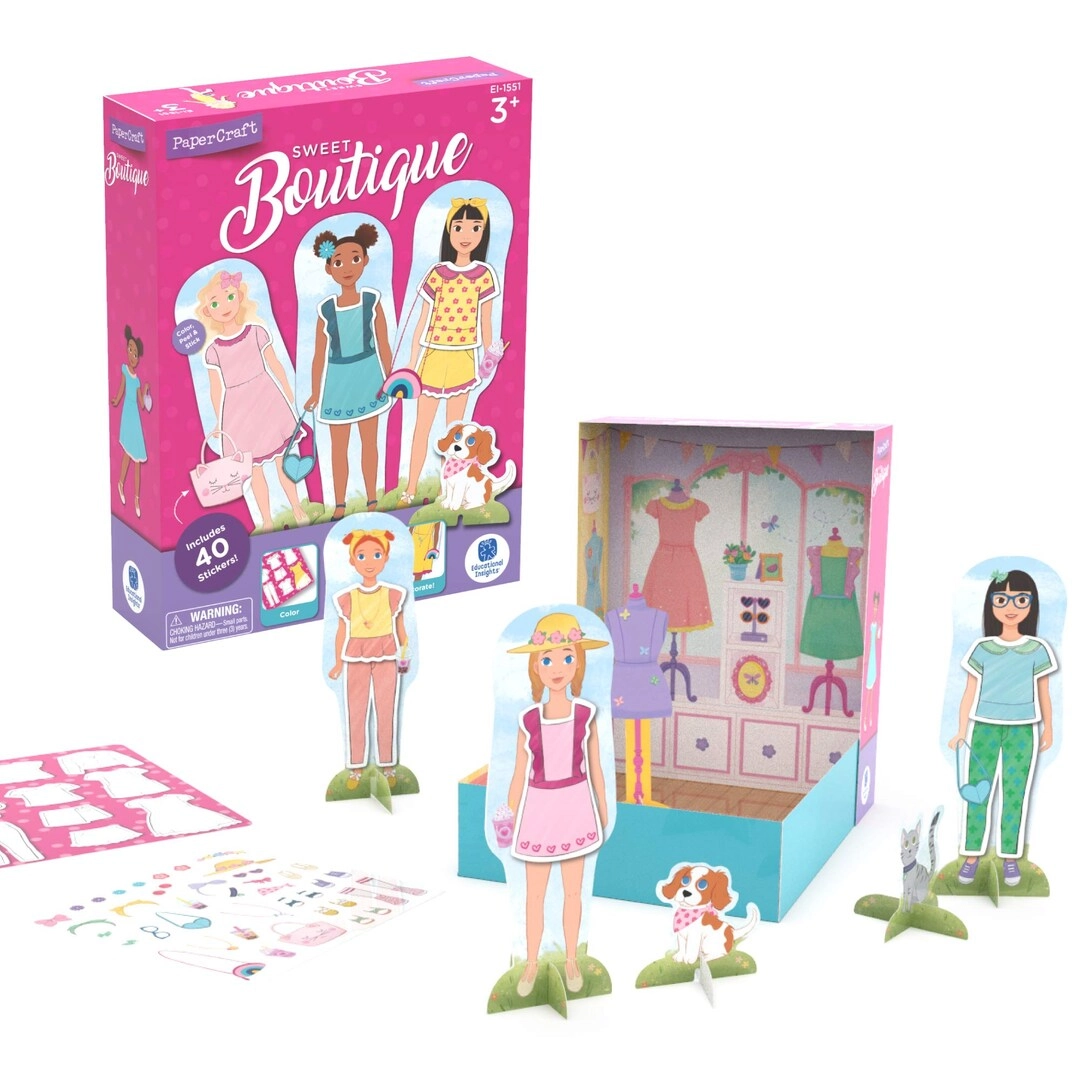 Educational Insights PaperCraft Sweet Boutique Paper Dolls - 3 double-sided dolls 100 color-in clothing pieces 40 reusable stickers Ages 3+