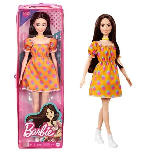 Barbie Fashionistas #160 - Long Brunette Hair Patterned Orange Dress Ages 3+
