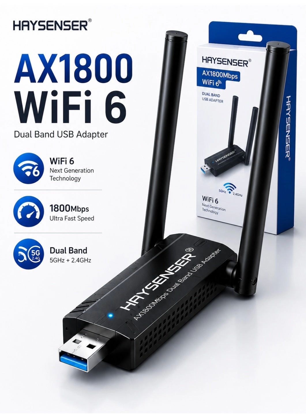 Haysenser AX1800 USB Adapter - Dual Band 2.4GHz & 5GHz USB 3.0 WiFi 6
