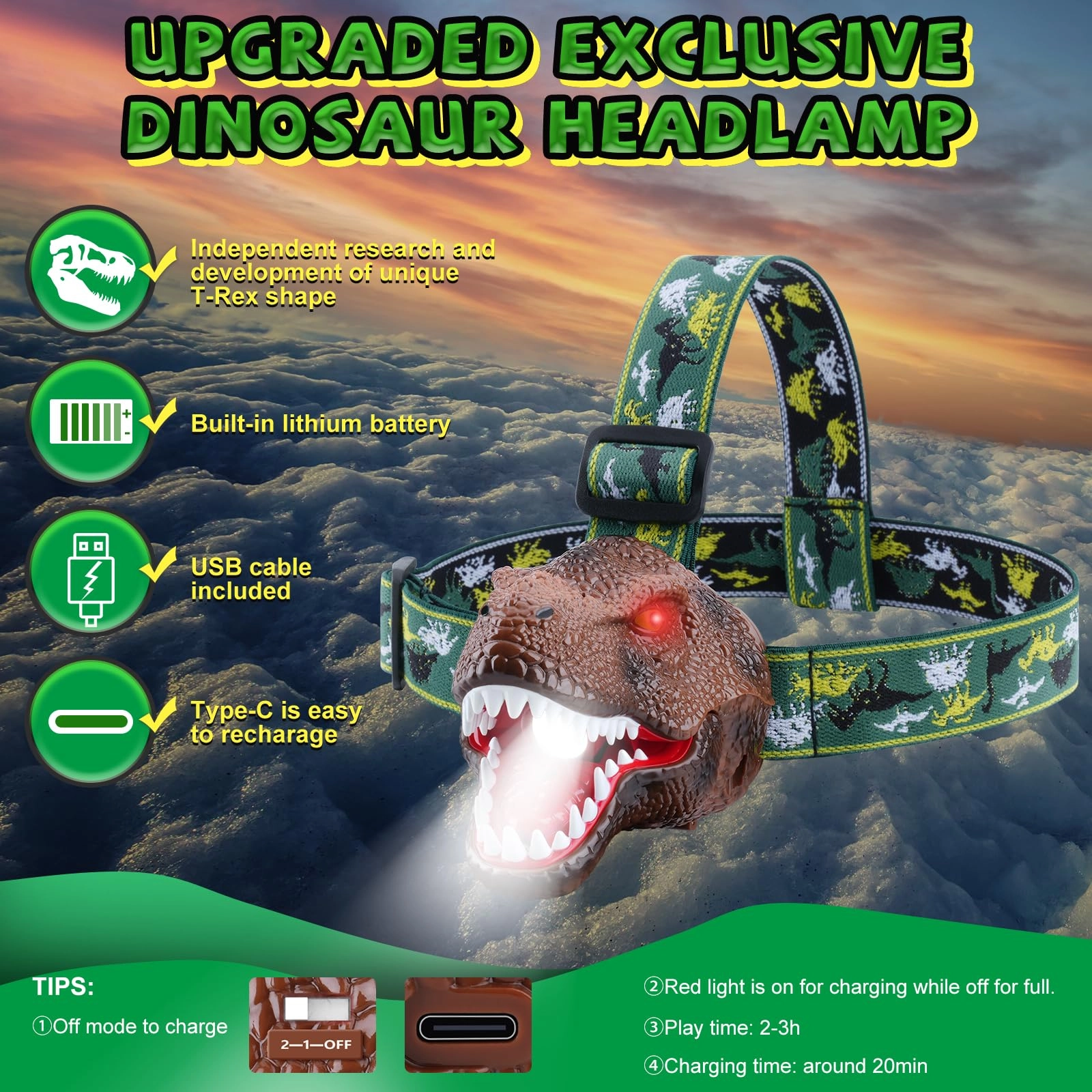 Dinosaur Headlamp - Rechargeable 2 Pack