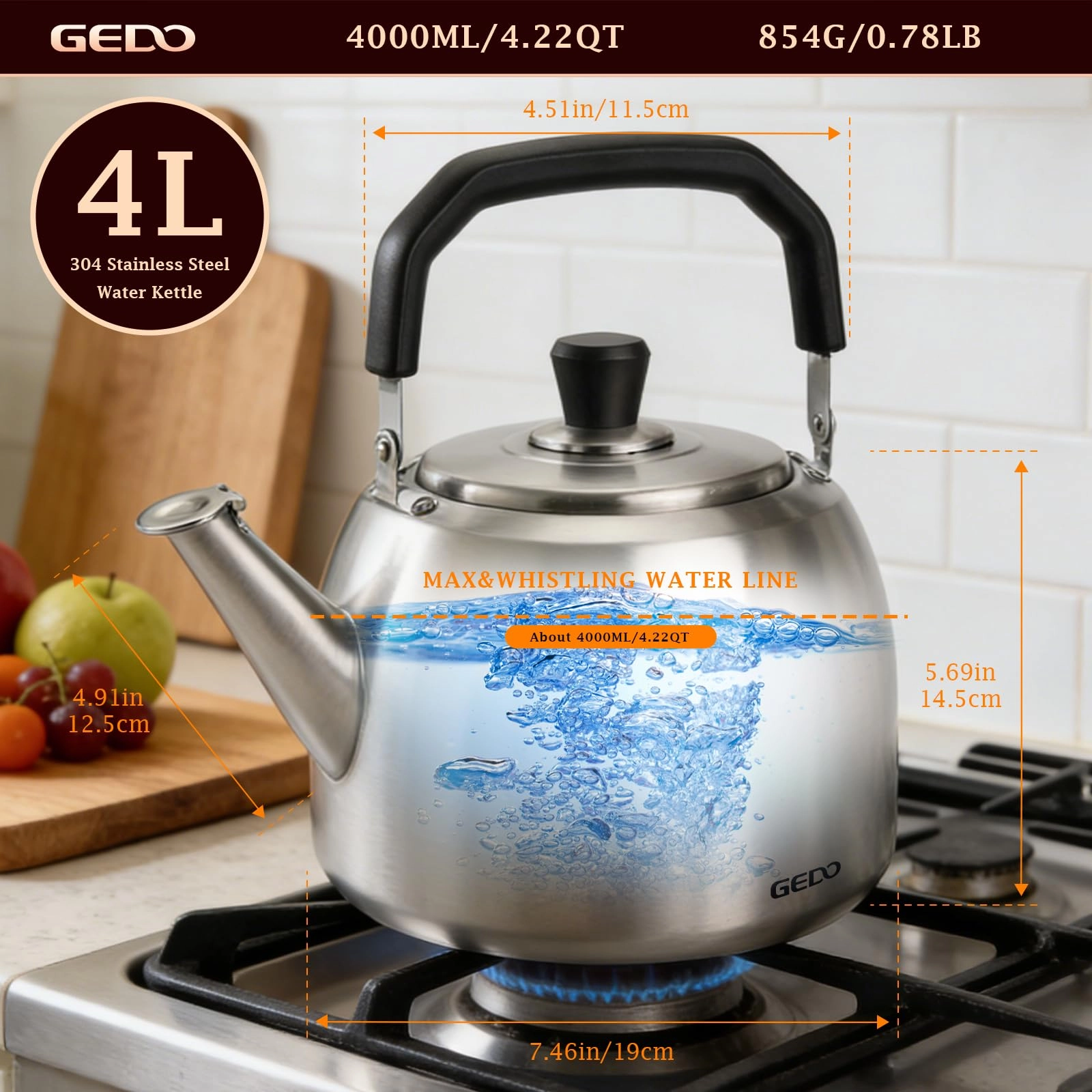 Stainless Steel Whistling Tea Kettle - 5.2 Quarts