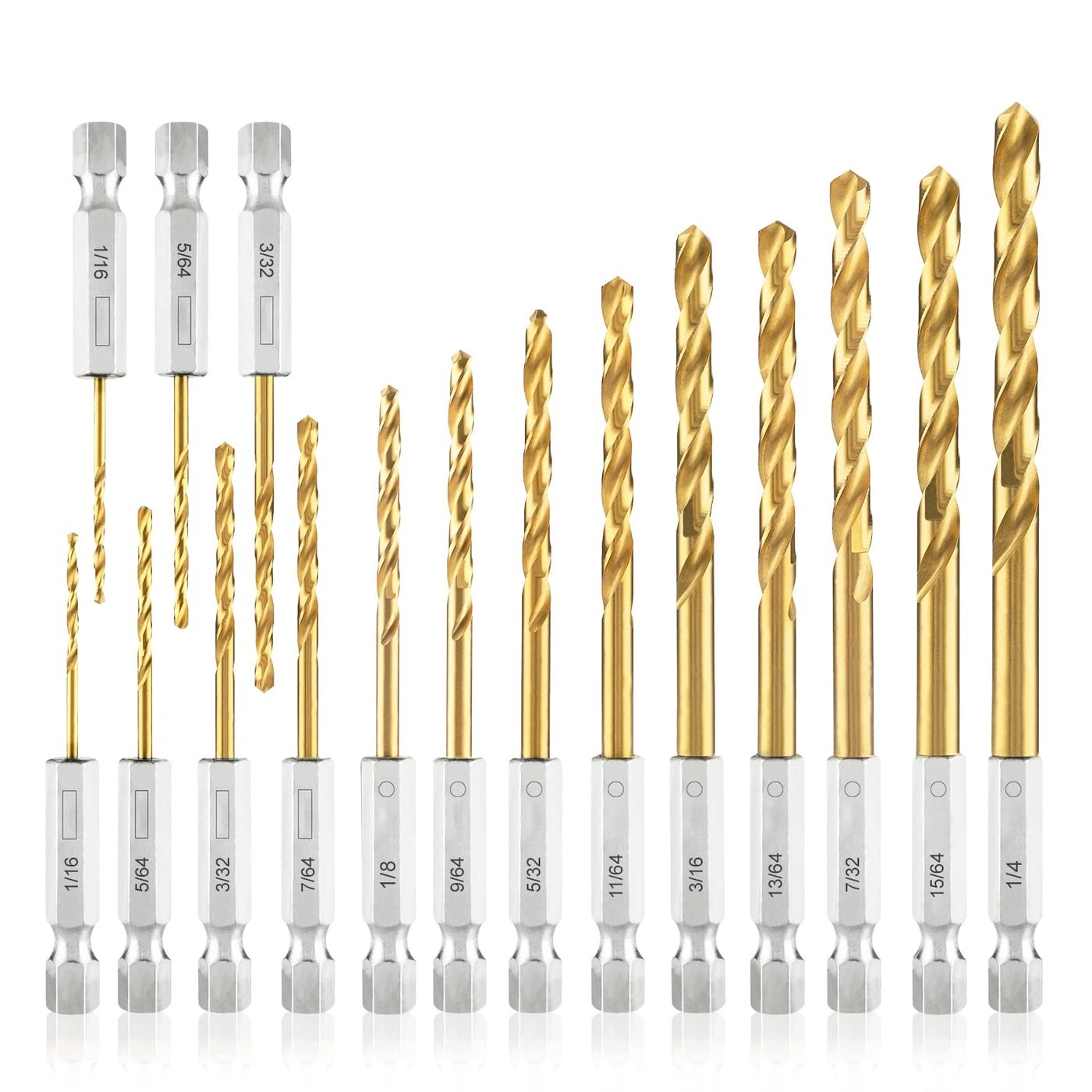 amoolo Hex Shank Drill Bit Set - 4341 HSS Titanium 13Pcs Set+3 Pcs Free 1/16 -1/4
