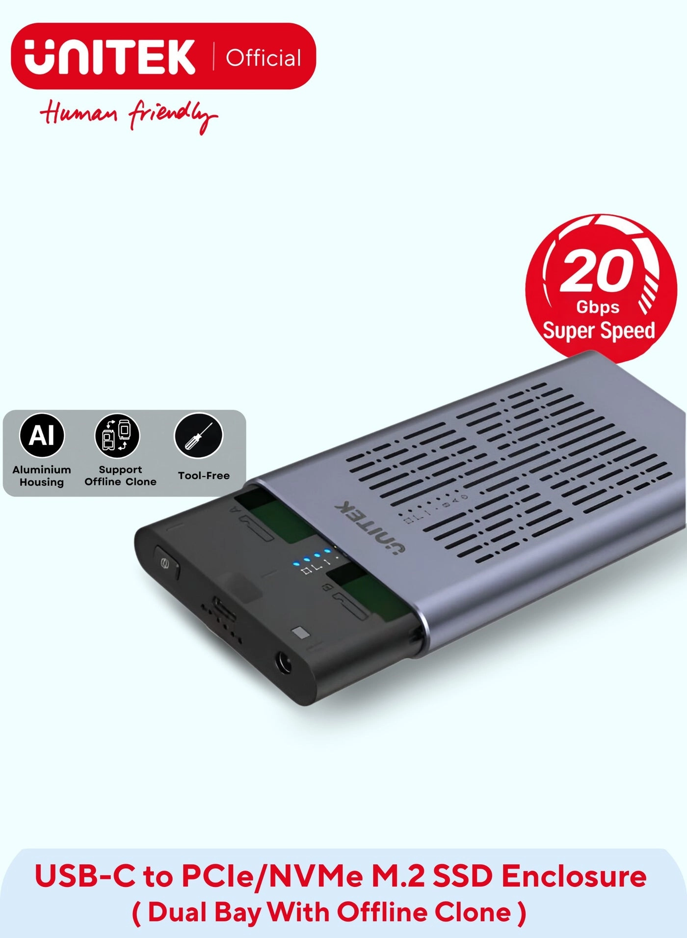 UNITEK USB-C to Dual M.2 PCIe / NVMe SSD Enclosure - USB3.2 Gen2 PCIe / NVMe 2230/2242/2260/2280