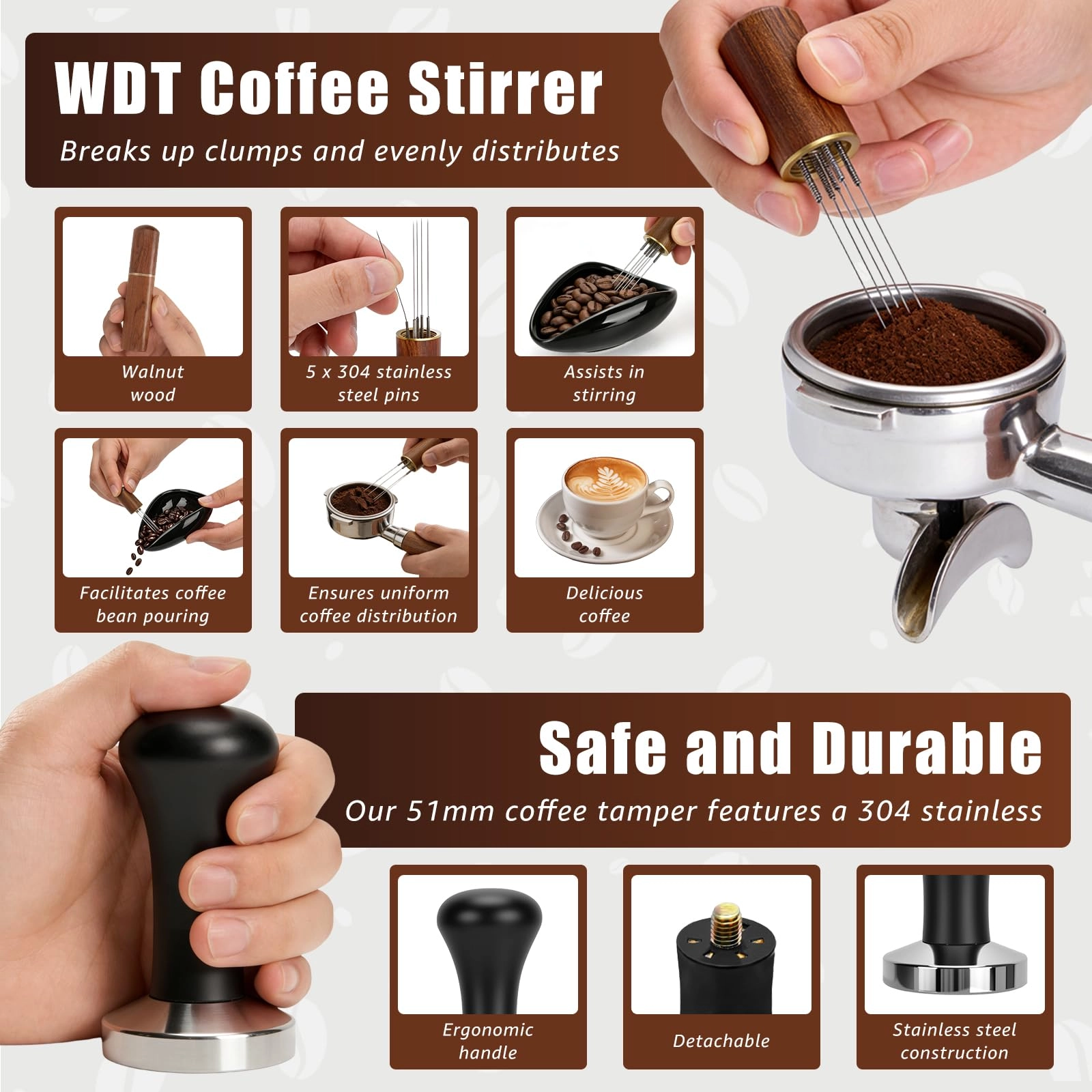 Coffee Tamper - 51mm + WDT Tool + Tamper Mat - Silicone + Spray Bottle - Glass + Stainless Steel Spoon + Coffee Bean Dish - Ceramic