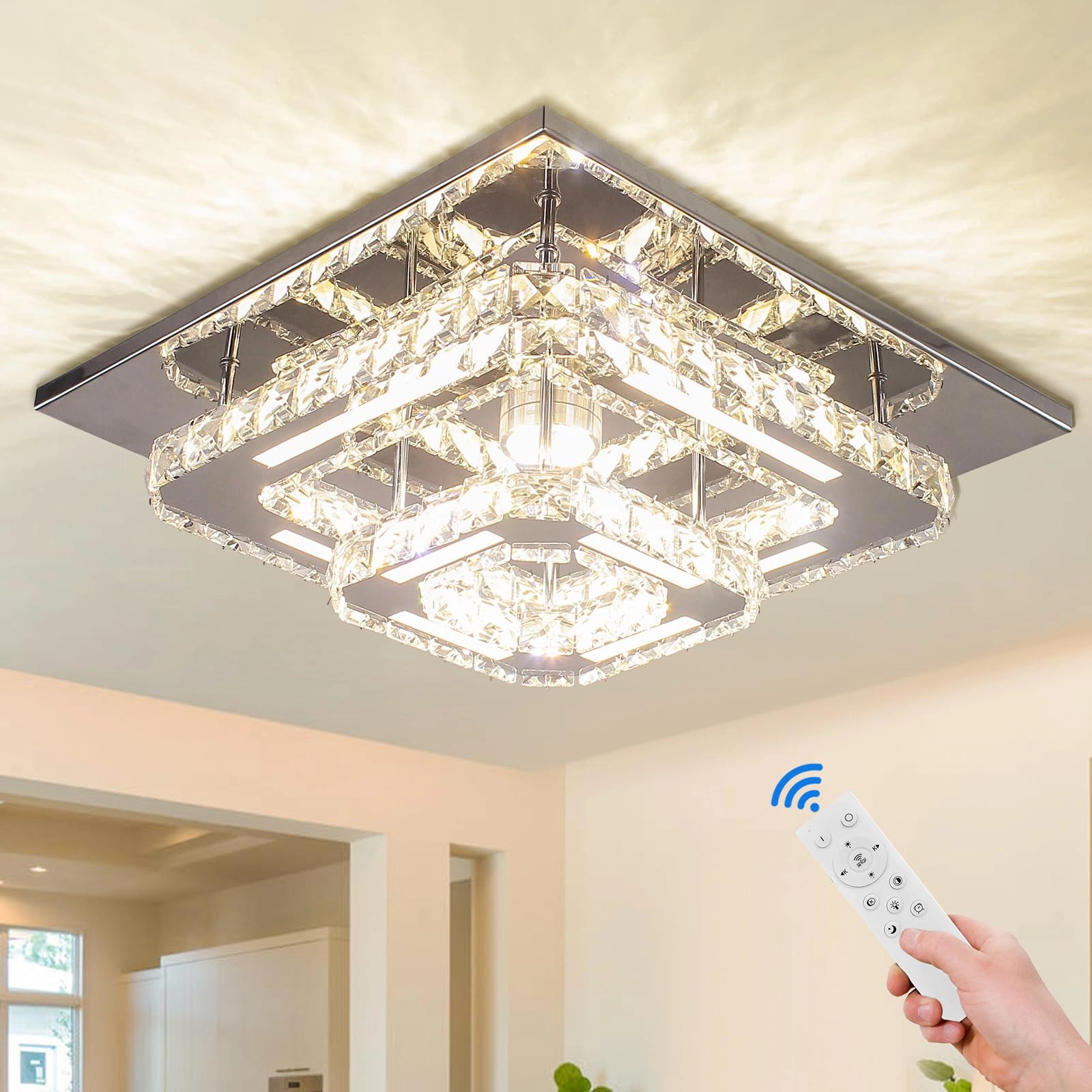 CXGLEAMING Modern Crystal Semi Flush Mount LED Ceiling Light - 3000K 4000K 6000K Dimmable