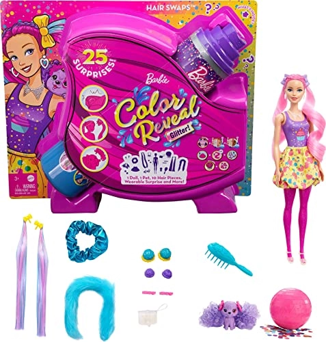 Barbie Color Reveal Glitter! Hair Swaps Doll - Glittery Pink 25 surprises 10 hair pieces Ages 3+