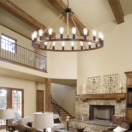 Wagon Wheel Chandelier - 48-Inch 20-Light Wood