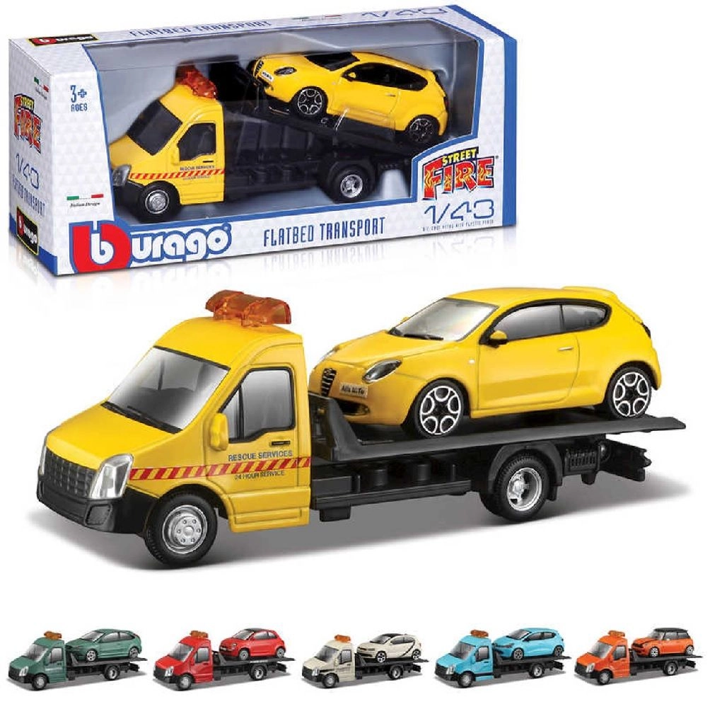 Street Fire Flatbed Tow Truck 1:43 + Car Asst.