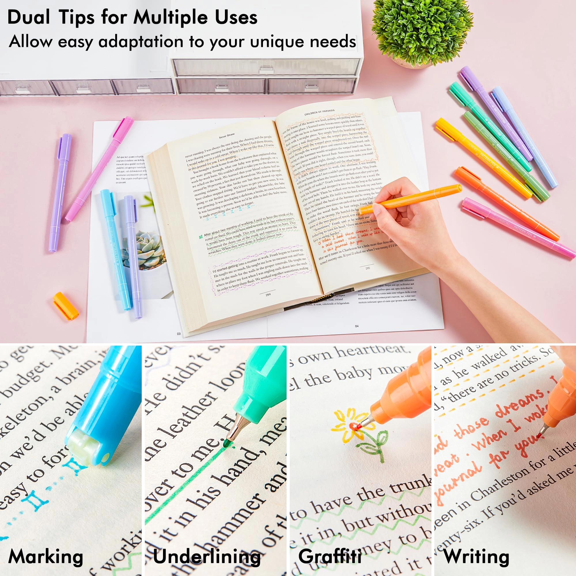 Curve Highlighter Pen - Multicolor Pattern Tip + Fine Tip