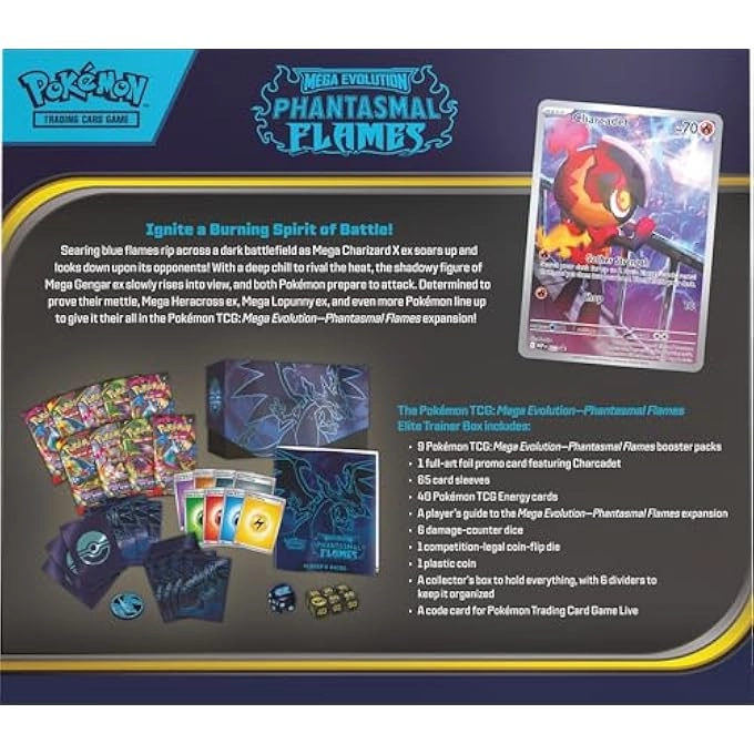MEGA EVOLUTION ELITE TRAINER BOX - FANTASMATIC FLAMES - 1 Fully Illustrated Promo Card 9 Booster Packs