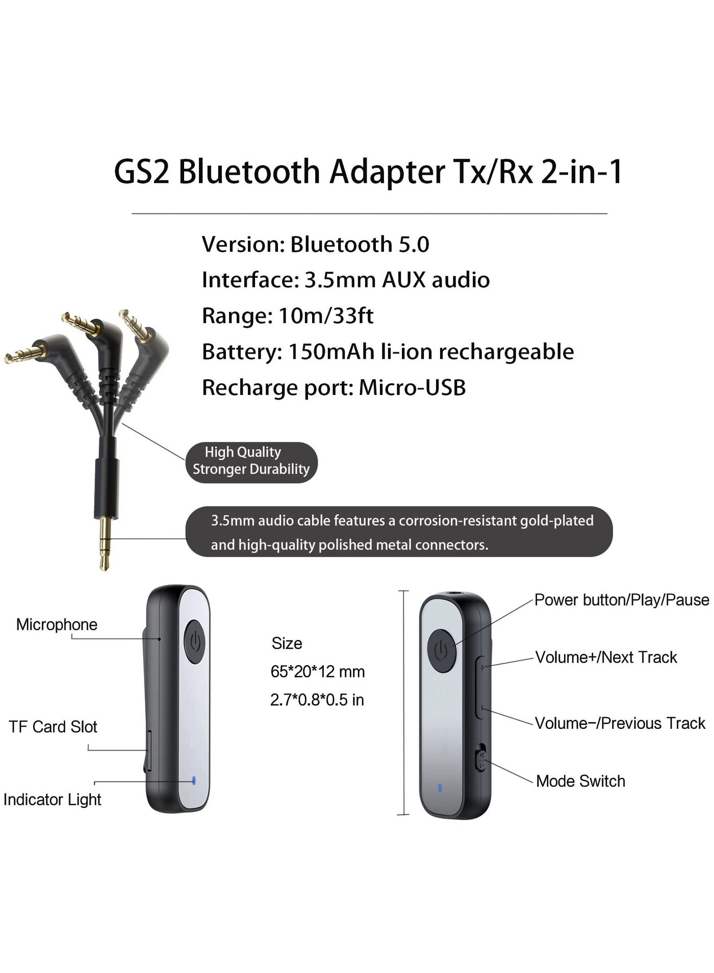 Bluetooth Adapter - 5.0 3.5mm Jack Aux built-in li-ion rechargeable 140mAh battery