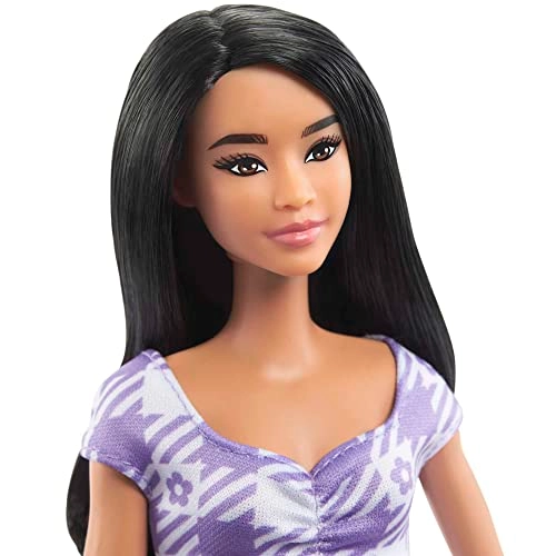 Barbie Fashionistas - Tall Body Wavy Black Hair Purple Gingham Dress Ages 3+