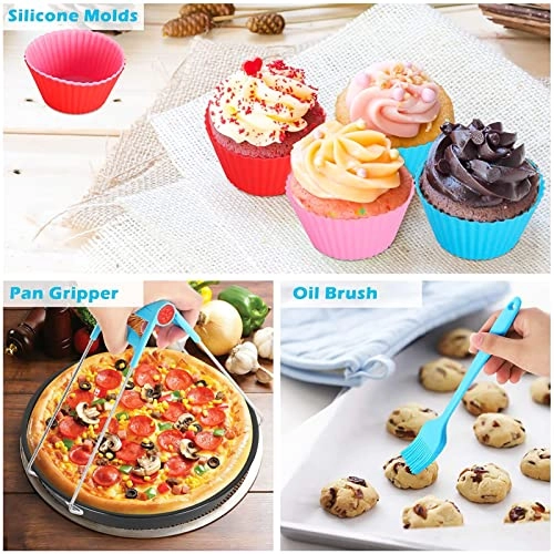 cake baking barrel + pizza pan + air fryer liners + silicone mat + cupcake pan + skewer rack + skewers + toast rack + metal holder + oil brush + plate gripper + silicone molds + silicone gloves - Stainless steel + silicone 12pcs/set
