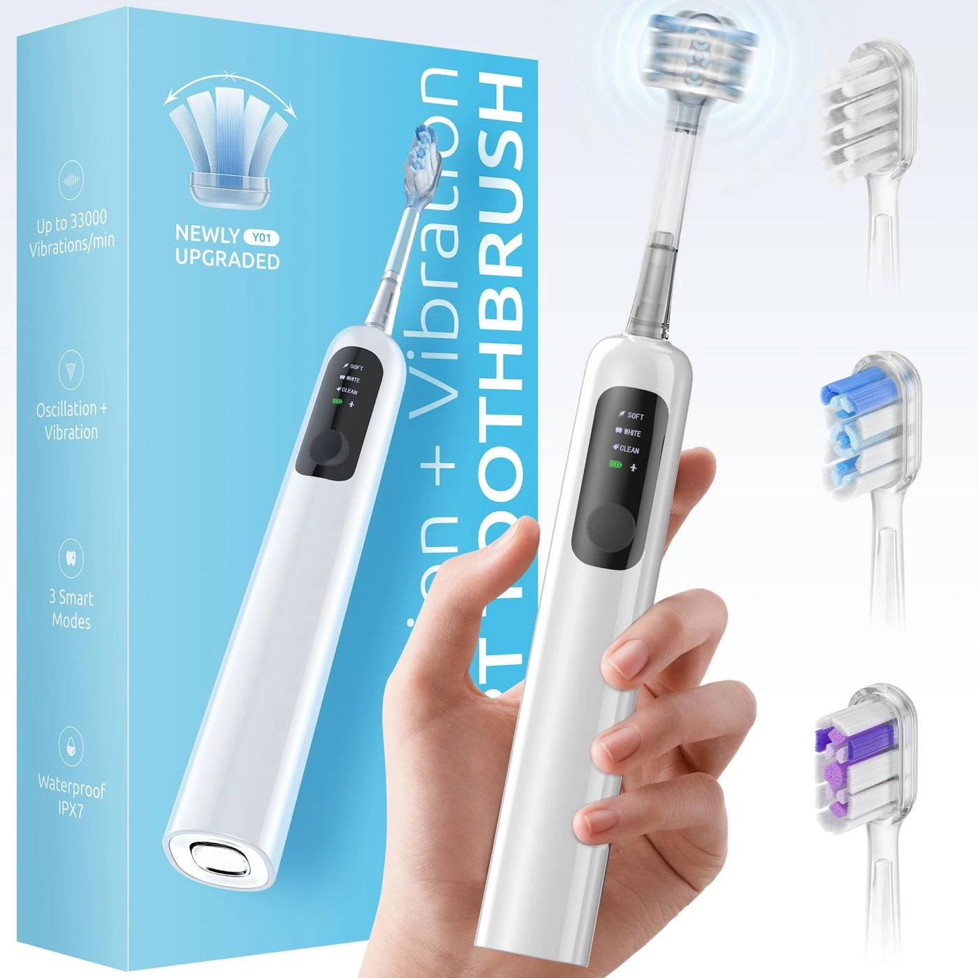 Oscillating Sonic Electric Toothbrush - 60° 3 Brush Heads IPX7