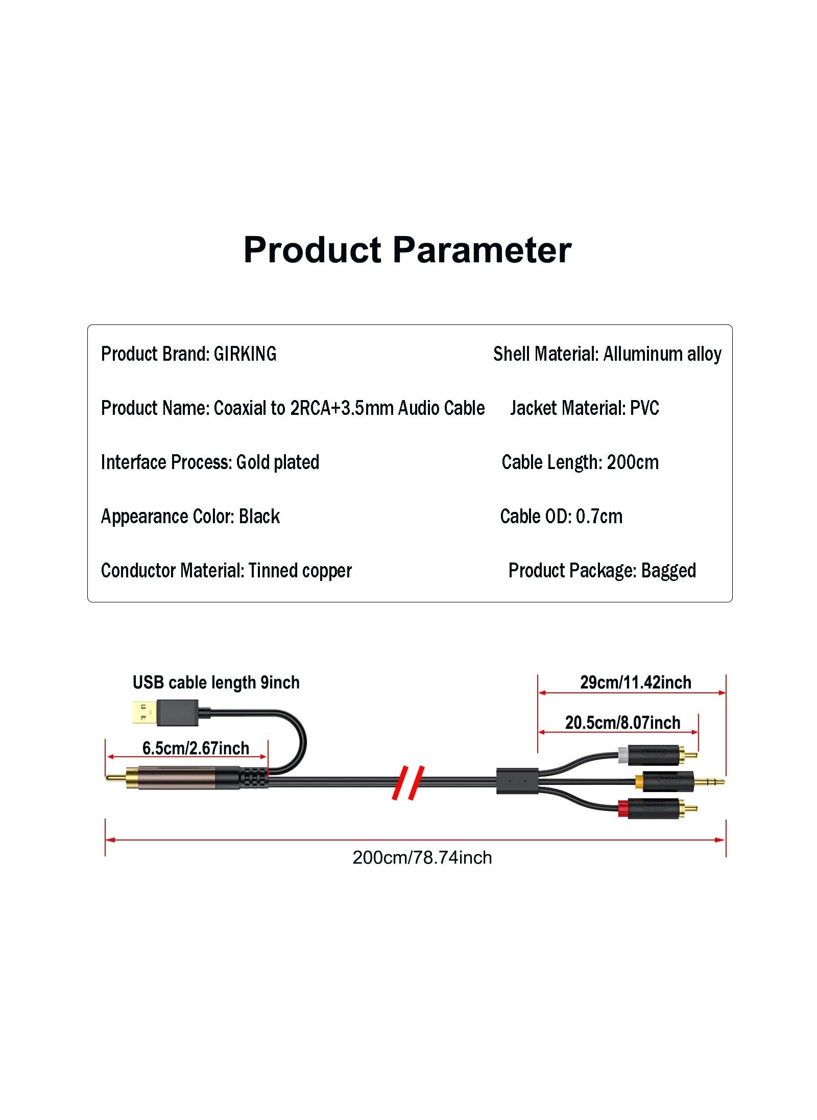 RCA to 3.5mm Audio Cable - 9.8 meter