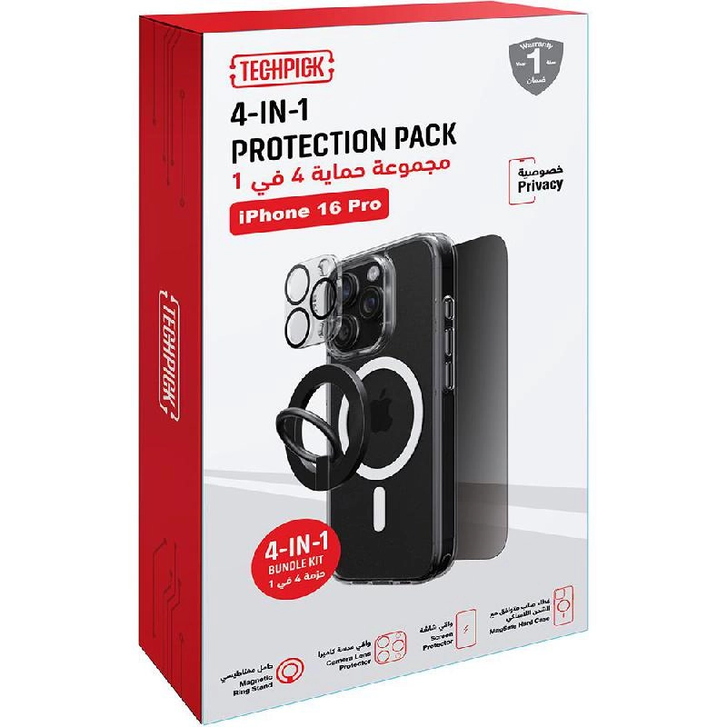 Clear Case + Privacy Tempered Glass + Camera Lens Protector + Magnetic Stand for iPhone 16 Pro Max